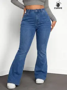 New Plus Size Women's High Elastic Comfort Micro Flare Denim Jeans, Button Closure, Simple Single Buckle, Casual Everyday Wear