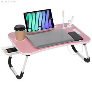 Laptop Bed Desk, Portable Foldable Laptop Table, Lap Desk Tray Table with 4 USB Ports, Storage Drawer and Cup Holder, for Bed/Couch Working, ReadingDD14HUB STORE