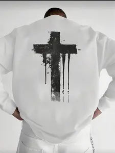 Men's Knit Round Neck Long Sleeve T-Shirt, Cross Pattern Print Design, Spring Outdoor Casual Pullover, Comfortable Fit