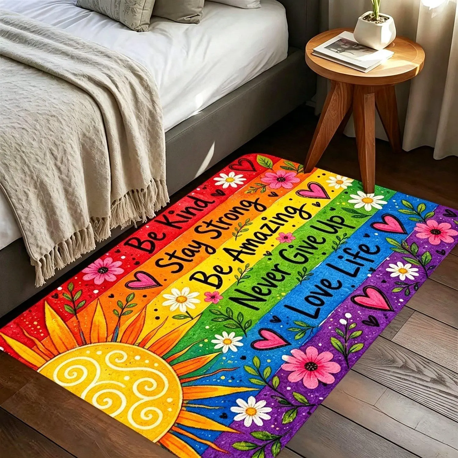 1pc Rainbow Floral Inspirational Slogan Indoor Doormat, Colorful Non-Slip Machine Washable Polyester Mat, Suitable for Home Decor, Entryway, Hall, Bathroom, and Balcony