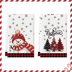2pcs Christmas kitchen towels and dishwashing towels, red bird Christmas snowman snowflake checkered Christmas tree design, Merry Christmas handkerchief, tea towel, cleaning towel, suitable for kitchen decoration, party decoration, home decoration, gifts