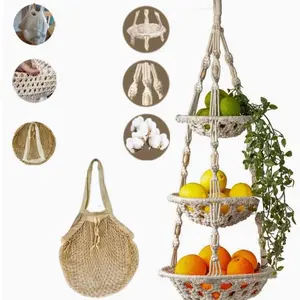 Macrame Hanging Fruit Basket - Boho Kitchen Decor Baskets