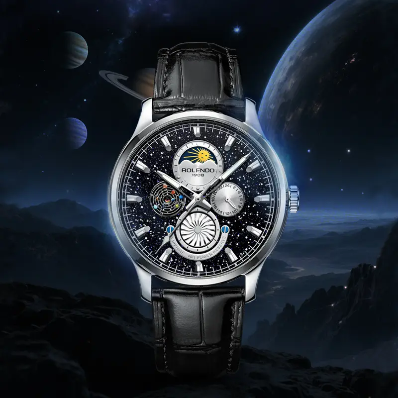 Luxury Men’s Mechanical Watch, Galaxy Starry Dial with Moon Phase & Multi-Function Sub-Dials, Leather Strap, Elegant Automatic Wristwatch for Formal Events & Daily Wear