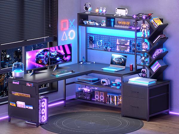 SEDETA L Shaped Gaming Desk with Hutch, Convertible 97.6" Two Person Office Desk with Drawers and Bookshelf, Corner Computer Desk with Power Outlet, LED Lights, Pegboard
