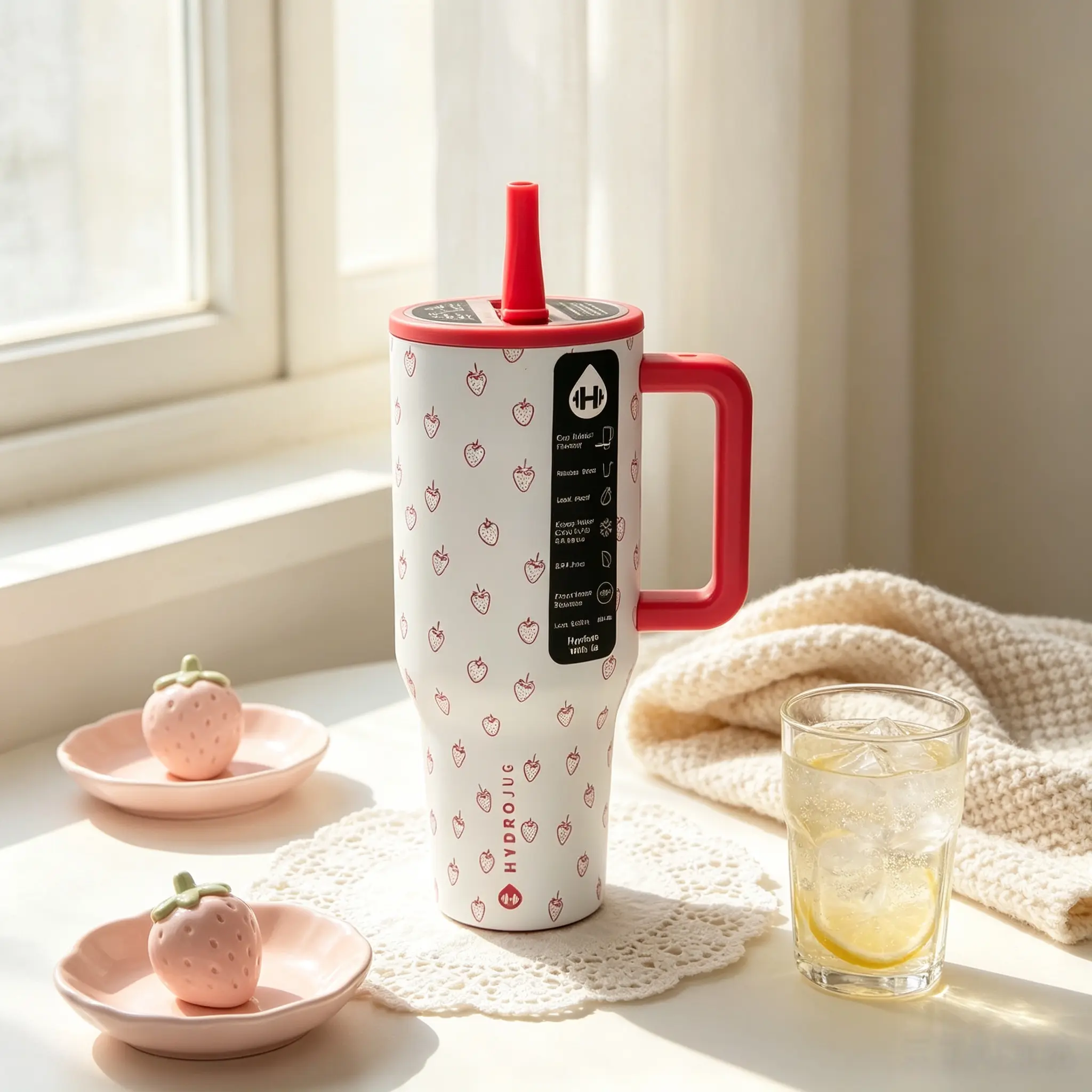 HydroJug 40oz Stylish Strawberry Print Vacuum Flask, Portable Leakproof Insulated Stainless Steel Tumbler with Handle, 24H Cold Retention Travel Cup for Gym, Outdoor Use to Stay Hydrated