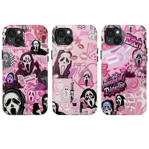 Pink Ghost Face Phone Case, Scream-Inspired Tough Cover, Spooky Y2K Cute Creepy Boo Halloween Gift, Compatible with iPhone 11-17 Pro Max/Plus and Samsung Galaxy S23-25