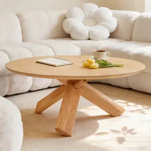 Soges 40" Round Mid-Century Modern Coffee Table – Solid Rubberwood Legs, Warm Wood Veneer Top Low-Height Kitchen Table, Rustic Farmhouse Furniture for Living Room, Circular Wooden Table, Black/Natural