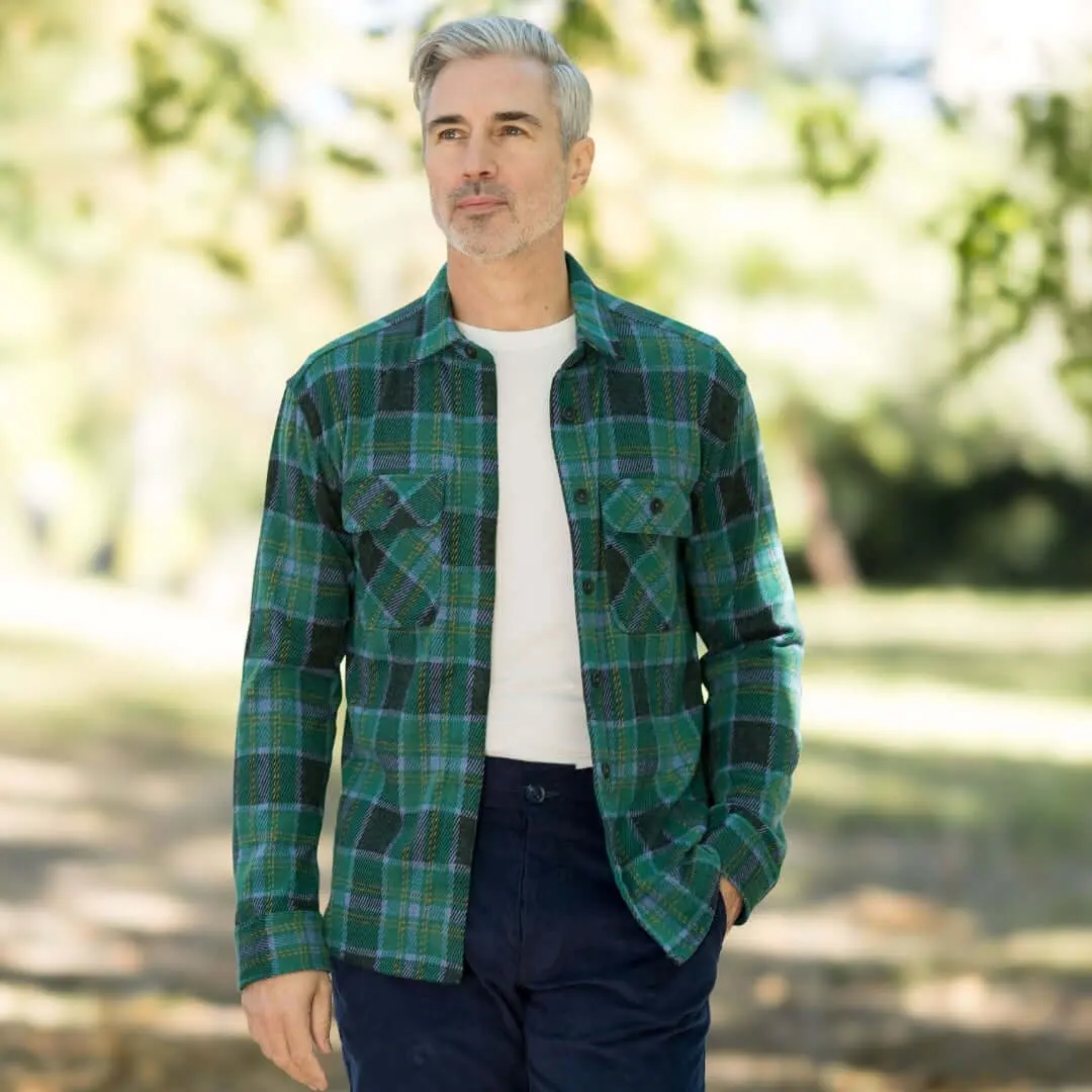Magnetic Closure Flannel Shirt in Teal Plaid