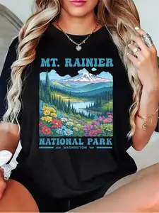 Women's Mt.Rainier National Park Graphic T-Shirt - Casual Short Sleeve Round Neck Tee with Washington State Outline & Mountain Landscape Design, All-Season Fit for Outdoor Travel & Casual Attire (Black, Grey, White, Dark Red) - Nature-Themed Appare
