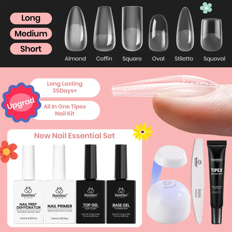 Beetles Tipex Nail Extension Tips Kit, with Nail Prep Kit, Base Gel, Top Gel, Almond/Coffin/Square/Oval/Stiletto/Squaoval Thick Acrylic Nail Flat Nails Manicure Gel Art DIY Nails Art Fall Nail Halloween Nail Black Friday Winter Nail Christmas Gift