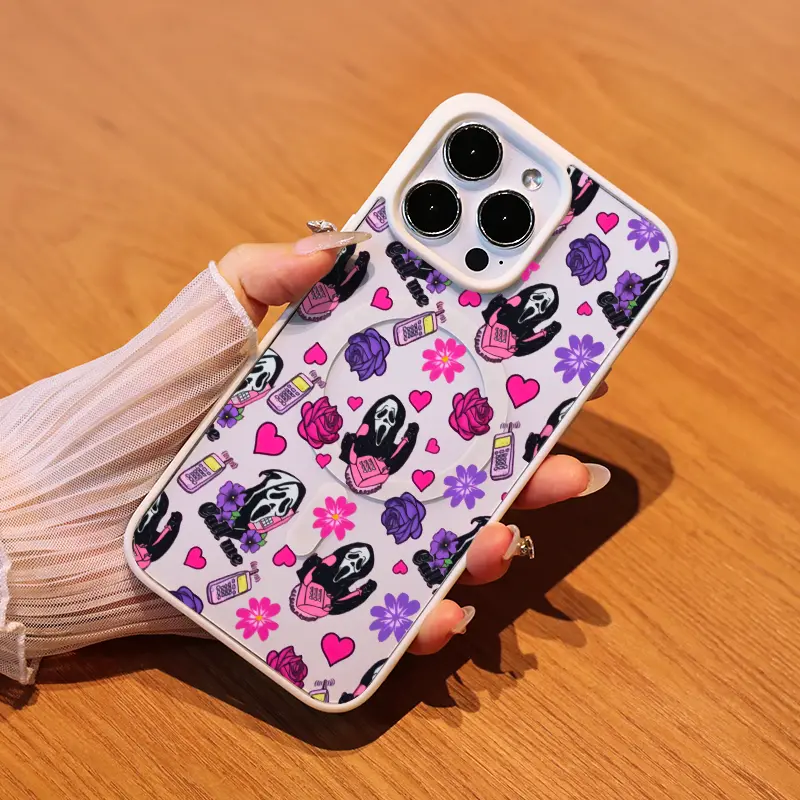 Scream Ghostface & Flowers Hearts Pattern Customized Matte Magnetic Acrylic Phone Case, Anti-Fingerprint Comfortable Grip Casing Cover for iPhone 11/12/13/14/15/16/16E/Mini Series, Wireless-Friendly Mobile Accessory with Protection, Accessories, Smartphon