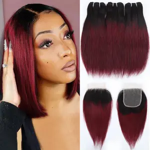 1b/99j Ombre  with Closure(10 10 10+10) Brazilian Straight Human Hair Red Burgundy Short Bob with 4x4 Lace Closure 50g/bundle