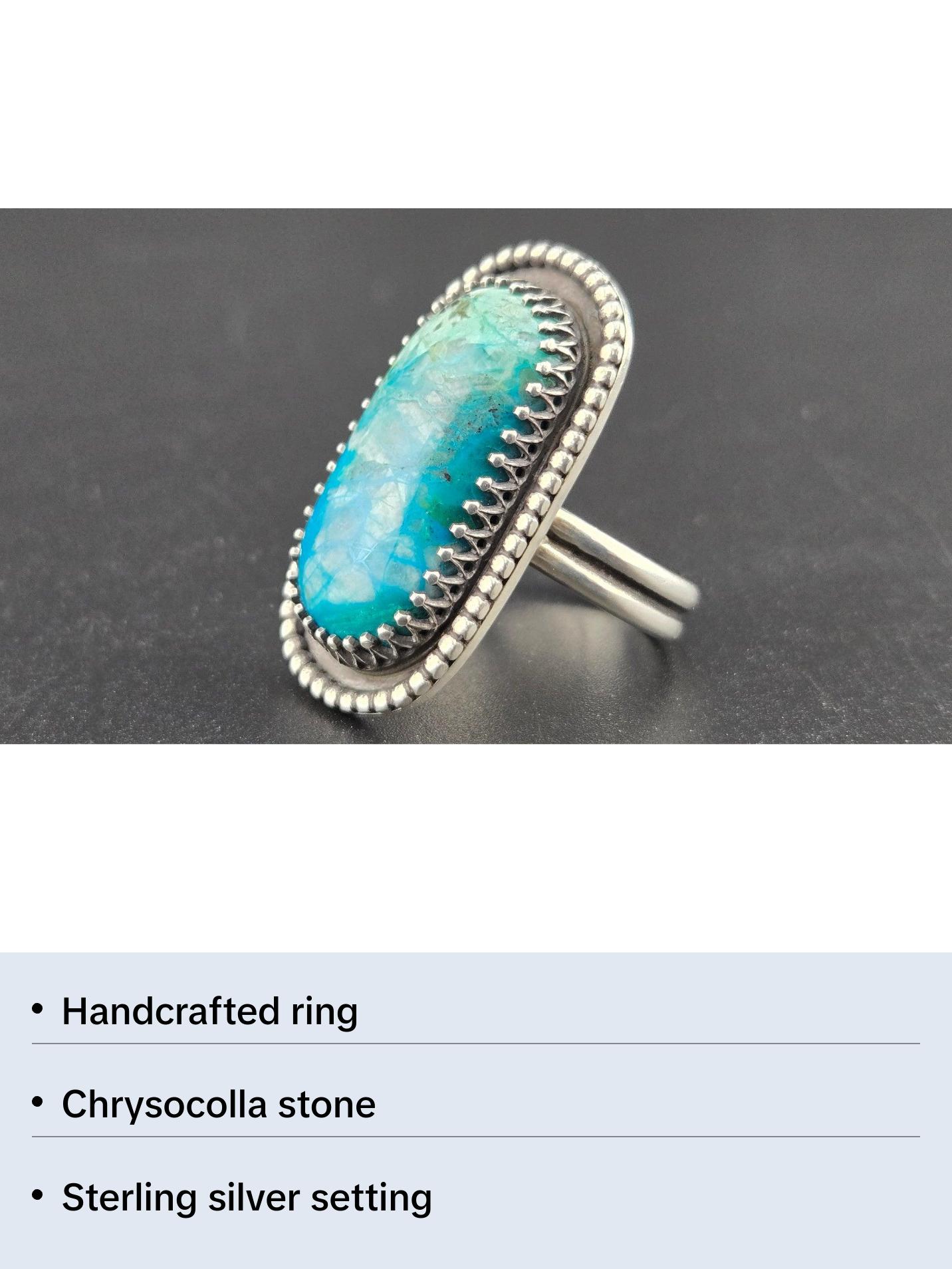 Hand Cut .925 Chrysocolla Ring Size 8.5