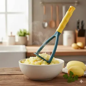 Non-Stick Long Handle Baby Food Masher with Serrated Plate, Anti-Slip Grip & Heat-Resistant Handle. Perfect for Potatoes, Fruits, Infant Meals, Kitchen Prep, Camping & Cooking.