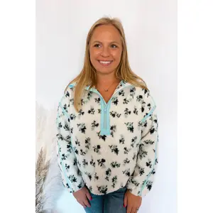 Wait And Smile Floral Sherpa Pullover - Ivory/Blue