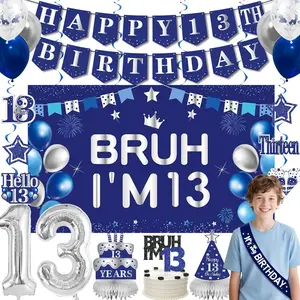 25-Piece 13th Birthday Party Supplies Set, Birthday Decorations for Boys Girls Men, Blue Sliver Bruh I'm 13 Backdrop Happy 13th Birthday Banner Table Honeycomb Centerpieces Cake Topper Balloons Hanging Swirls Party Supplies
