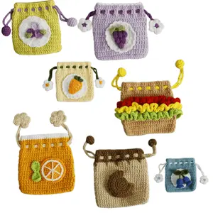Handmade Crochet Fruit Drawstring Pouch, Cute Knitted Mini Coin Purse with Flower Pom Pom, Soft Wool Earphone/Key Storage Bag, Kawaii Gift for Girls
