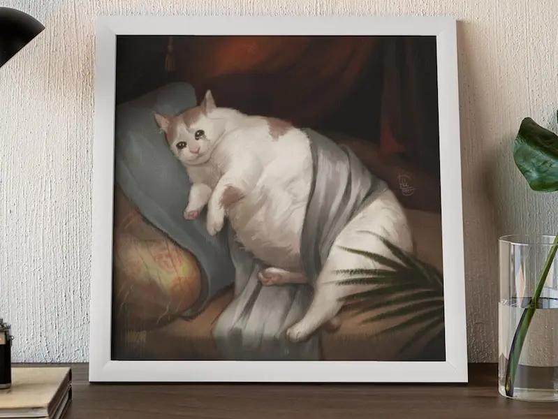 [UNFRAMED POSTER] Fat Cat Crying Poster, Funny Chonk Painting Meme Wall Art, Ugly Renaissance Cats Square Horizontal Art Print, Gag Lover Quirky Bizarre Gift