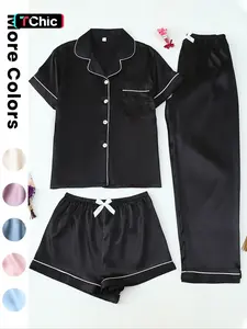Women's Satin Sleepwear Set, 3-Piece Pajama with Button Front Top & Bow Shorts, Casual Home Wear for Women, Loungewear Pjs Set