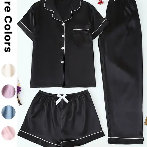 Women's Satin Sleepwear Loungewear Set, 3-Piece Pajama Set, Button Front Top & Bow Decor Shorts & Pants, Casual Homewear for Women, Chic Loungewear Set