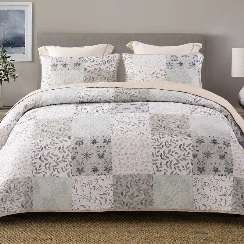 【Falldealsforyou】Exclusivo Mezcla Reversible Boho Quilt Set, 3 Pieces Plaid Patchwork All Season Bedspreads, Ultra Soft Floral Coverlet Bedding Set with Printed Pattern (1 Quilt, 2 Pillow Shams)