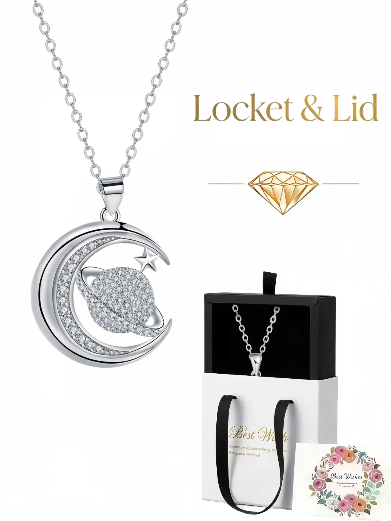 Moon Orbit Star & Silver Glow Necklace Original planet pendant with inlaid diamonds, 18K gold-plated finish.Comes with a delicate drawer-style jewelry box.Ideal gift for women on birthdays, Mother’s Day, Valentine’s Day, Christmas and anniversaries.