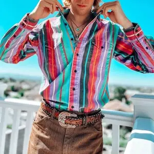Men Vintage Cowboy Striped Plaid Long Sleeve Button Up Shirt Loose Fit Casual Western Streetwear Fall Top Multicolor Retro Country Festival Outfit