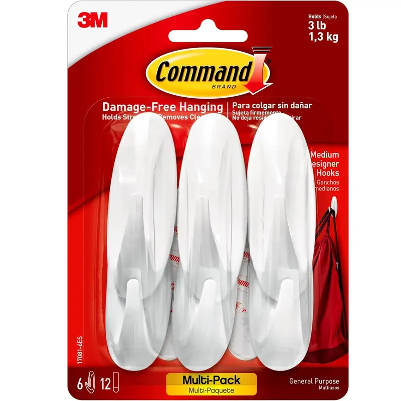 Medium Designer Hooks, Damage Free Hanging Wall Hooks with Adhesive Strips, No Tools Wall Hooks for Decorations in Living Spaces