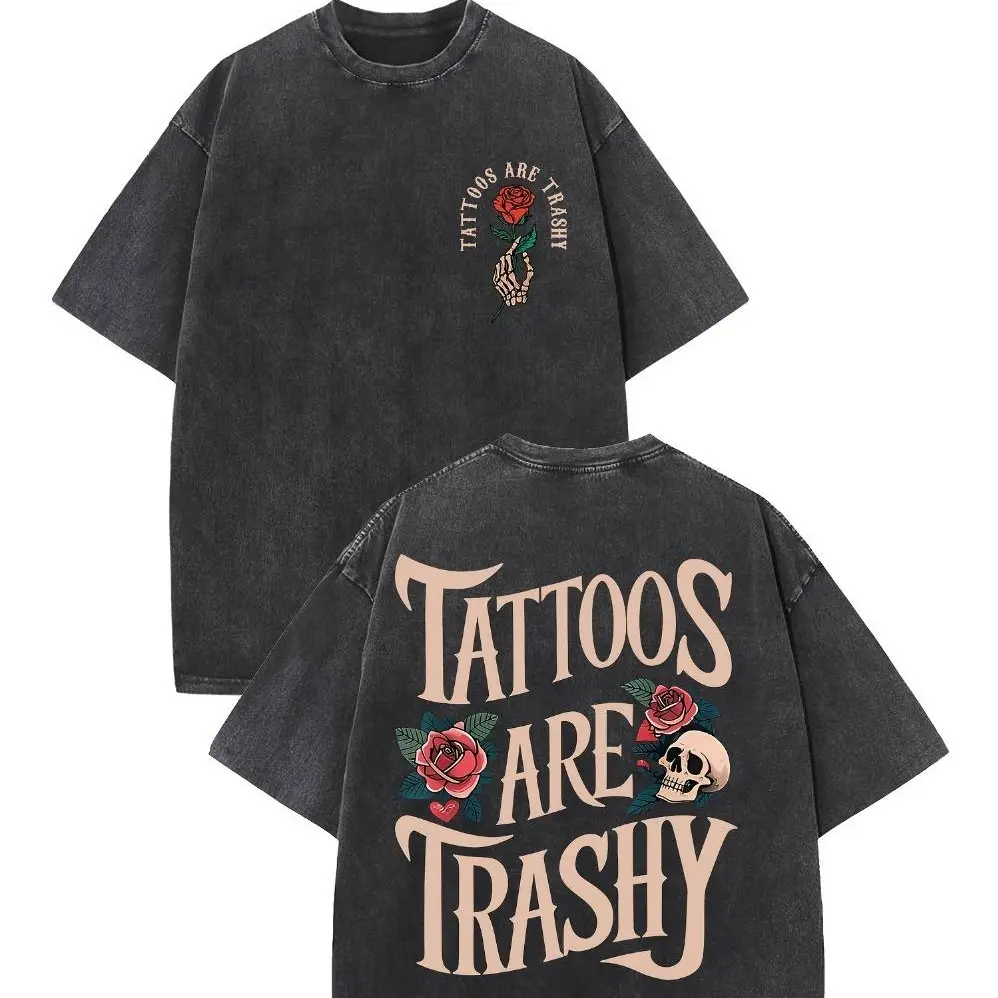 Vintage Washed "Tattoos Are Trashy" Skull & Rose Sporty Chic Casual Tee, 100% Cotton Round Neck Short Sleeve Sports Top with Cold Wash-Ready Heat Print Solid Graphic