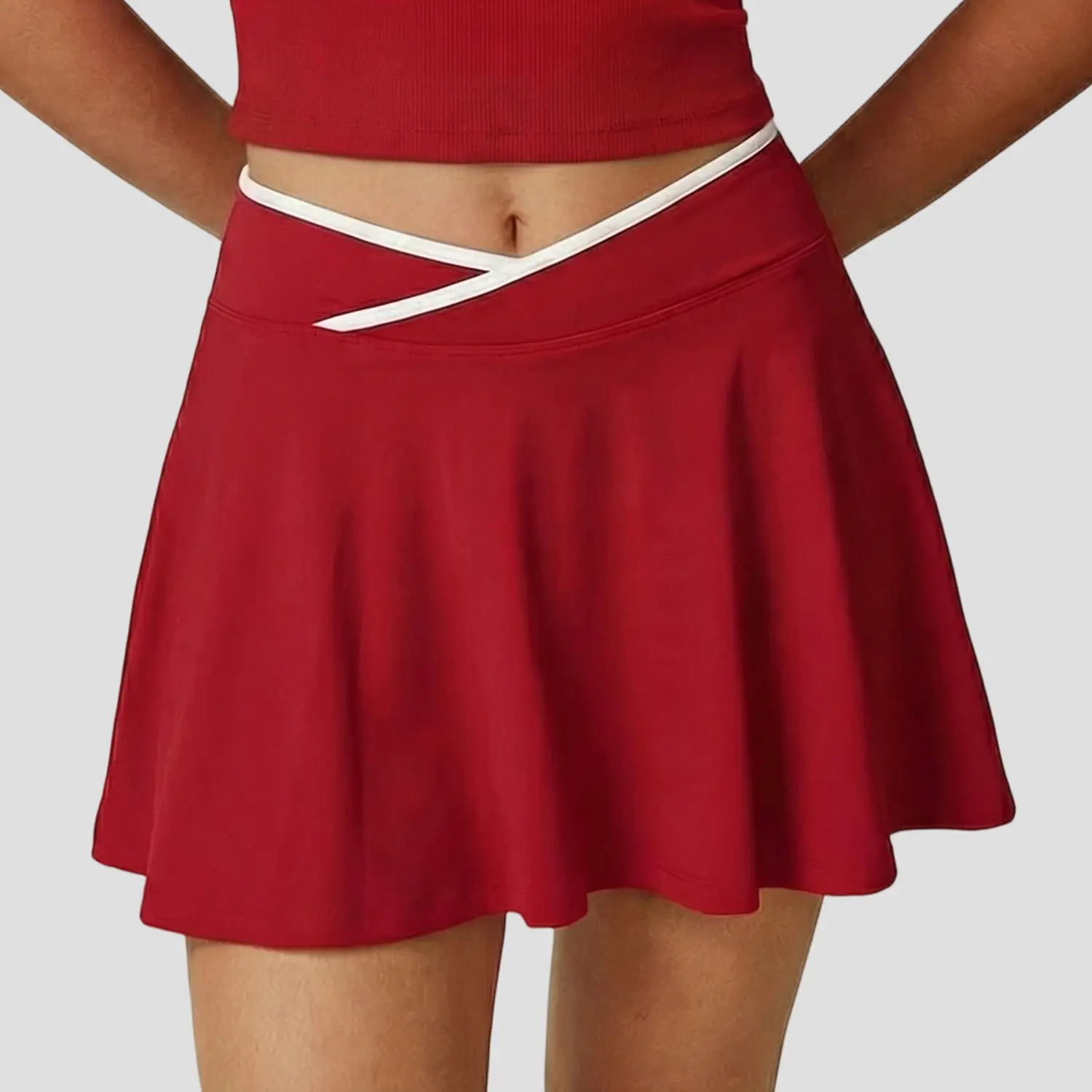 Women Cross V Contrast Trim Tennis Skort High Waist Built-in Shorts 4-Way Stretch Flared Athletic Skirt for Tennis Golf Running Daily Loungewear