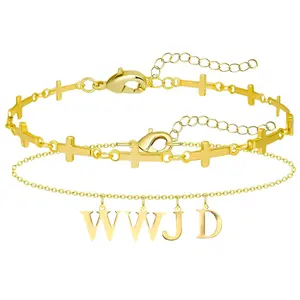 OIDEA WWJD Cross Bracelets Set for Women, K Gold Tone Stainless Steel Stackable Chain Wristbands, 2 Piece Jewelry