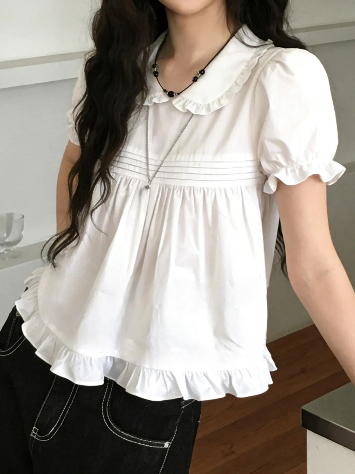 Cute Japanese Style Bubble Sleeves Bohemian Ruffle Baby Doll Shirt, Casual Basic Summer Stringy Selvedge White Blouses, Boho Cottagecore Blouse, White All-match Chic Y2K A-line Clothings Womenswear Lady Top, Babydoll Shirts, Casual Elegant Ruffle