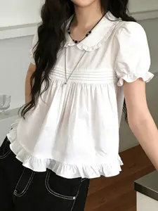 Cute Japanese Style Bubble Sleeves Bohemian Ruffle Baby Doll Shirt, Casual Basic Summer Stringy Selvedge White Blouses, White All-match Chic Y2K A-line Clothings Womenswear Lady Top
