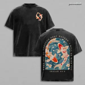 Christian Washed T-Shirt, Koi Patterned T-Shirt, Religious Culture T-Shirt, WHEN YOU GO THOUGH DEEP WATERS, I WILL BE WITH YOU "Conveys The Comforting Meaning Of God And Believers Being Together In Religio