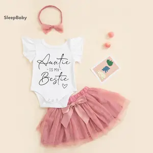 Baby Girls Summer Jumpsuit Set Letter Print Ruffled Short Sleeves Rompers and Mesh Skirt with Headband