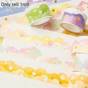 Cloud & Star Pattern Paper Tape Roll, Wave Series Stickers with Gold Clouds, DIY Decorative Tape for Student Journals and Scrapbooks