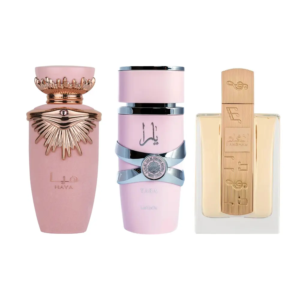 Lattafa Haya, Yara & Angham Eau de Parfum 3-Pack | 3.4 oz Each | Long Lasting Arabic Perfume Set for Women | Floral, Fruity & Amber Vanilla Fragrance Trio