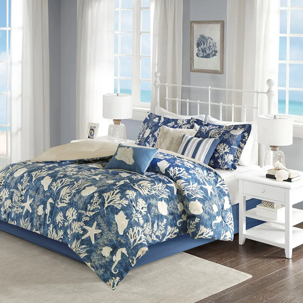 Cotton Sateen 7-Piece Bedding Ensemble in Blue, California King – Includes Comforter, Shams, Decorative Pillows, and Bed Skirt