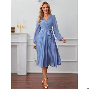 Belted Lantern Surplice tiktok Frenchy Neck Sleeve Pleated Hem Dress