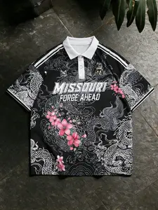 Men's Dragon Pattern Cherry Blossom American Polo Shirt, Trendy Vintage Summer Short Sleeve Top, Casual Fashion Clothing