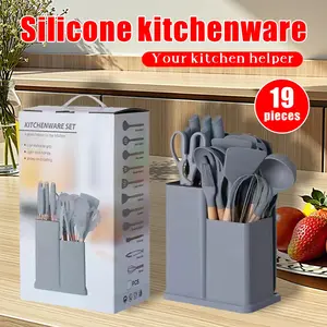 19PcsHigh Quality Silicone Kitchenware SetWith Wooden Handle&Knife-Non-StickCookingTools&StorageContainer-PerfectKitchen Tools For Easy Cooking&CleaningUtensils funky kitchensuppliesBoard Bpa BoardCookware Hanging Holes Nonstick Sturdy PastaNonstick Thick