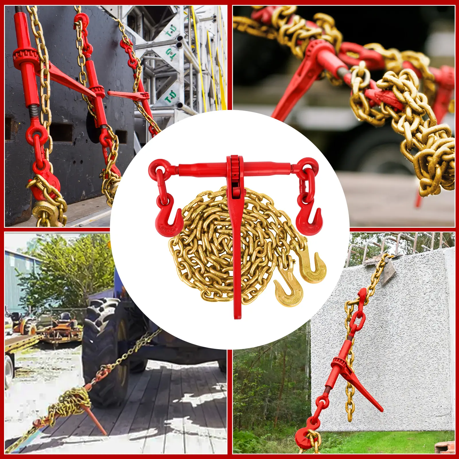 Heavy Duty Alloy Steel Chain Binder Kit - 2 Ratchet Load Binders, 2 10-foot Grade 70 Chains, 5/16"-3/8" Adjustable Length, Grab Hooks, 9200lb WLL, 26400lbs Safety Ratio, Ideal for Industrial Truck Hauling