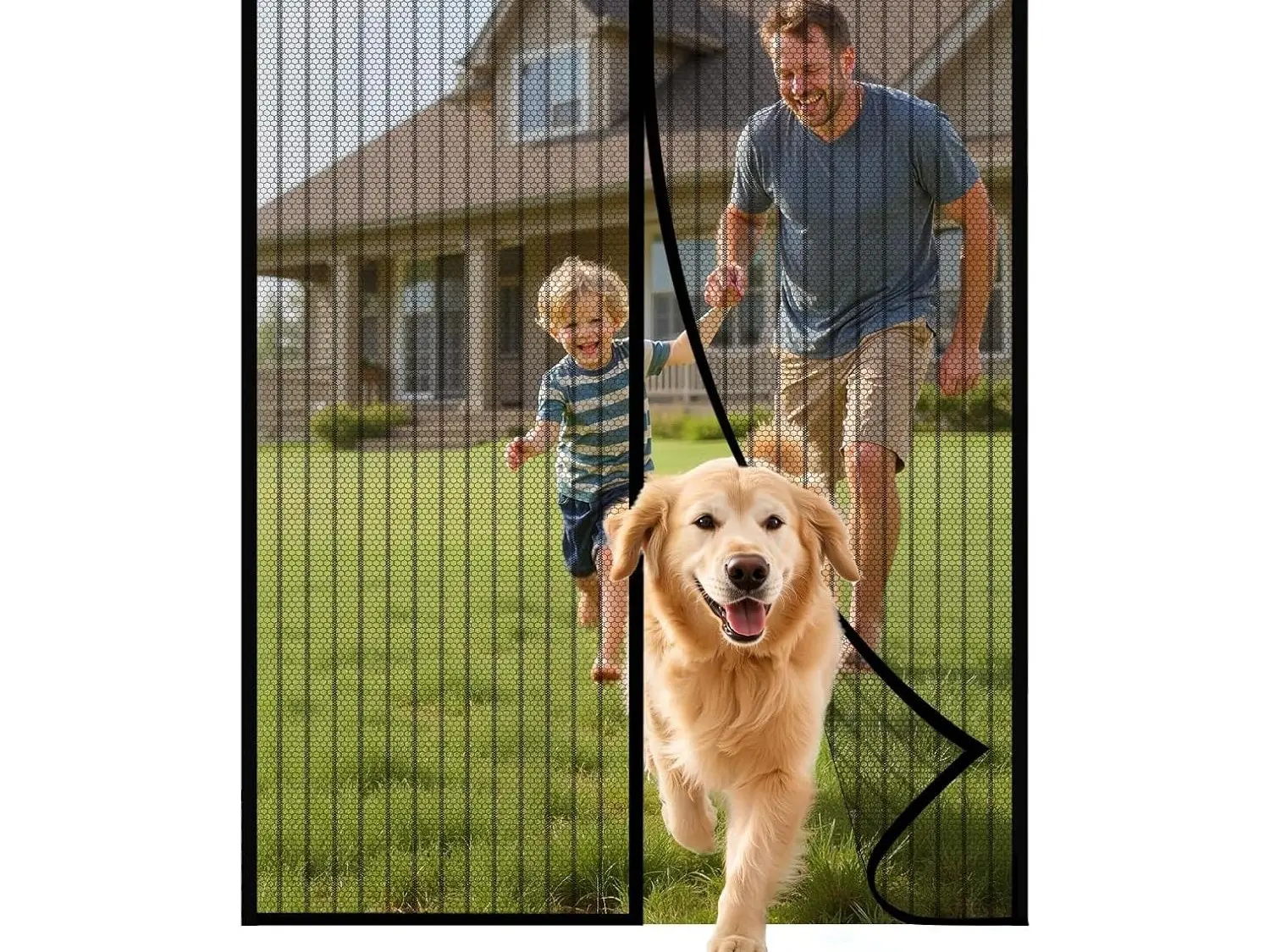 Kitsure Magnetic Retractable Stripe Black Mesh Screen Door - 38x82 in, Hook-Loops Install, Bug Blockage, Hands-Free Closure, Pet-Friendly, Breeze-Allowing for Front/Sliding Doors