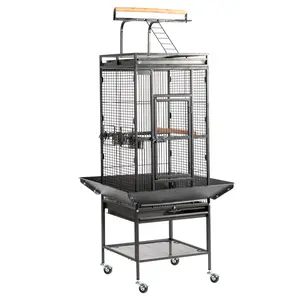 61.5" Wrought Iron Rolling Bird Cage with Play Top - Mobile Parrot Aviary for Parakeets, Cockatiels