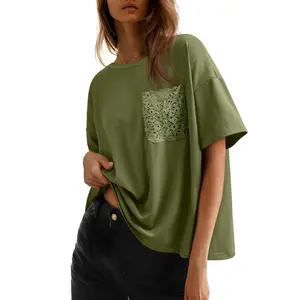 Dokotoo Women's Oversized Short Sleeve T Shirt with Lace Pocket Soft Breathable Casual Top