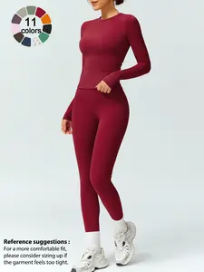 Women's Solid Color Long Sleeve Tee & High Waist Leggings Workout Set, Sporty Comfy Breathable Outfits for Gym Running, Workout Running Clothes, Ladies Fall & Winter Sportswear