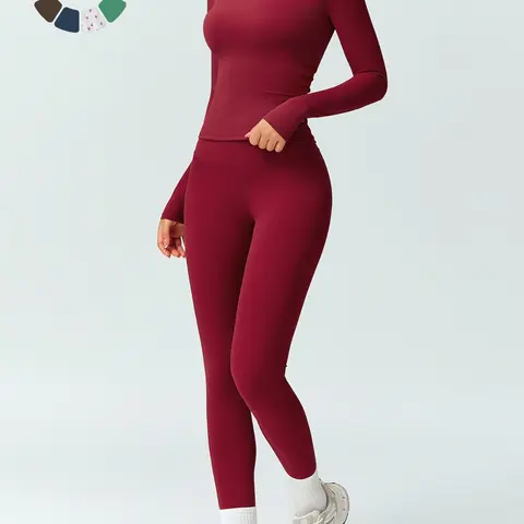 Women's Solid Color Long Sleeve Tee & High Waist Leggings Workout Set, Solid Sports Sets, Sporty Comfy Breathable Outfits for Gym Running, Workout Running Clothes, Ladies Fall & Winter Sportswear for Training, Fitness Outfits
