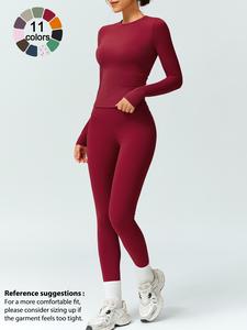 women's solid color long sleeve tee & high waist leggings tracksuit set, sporty comfy breathable outfits for gym workout running, ladies fall & winter sportswear, workout sets women, clothes for women