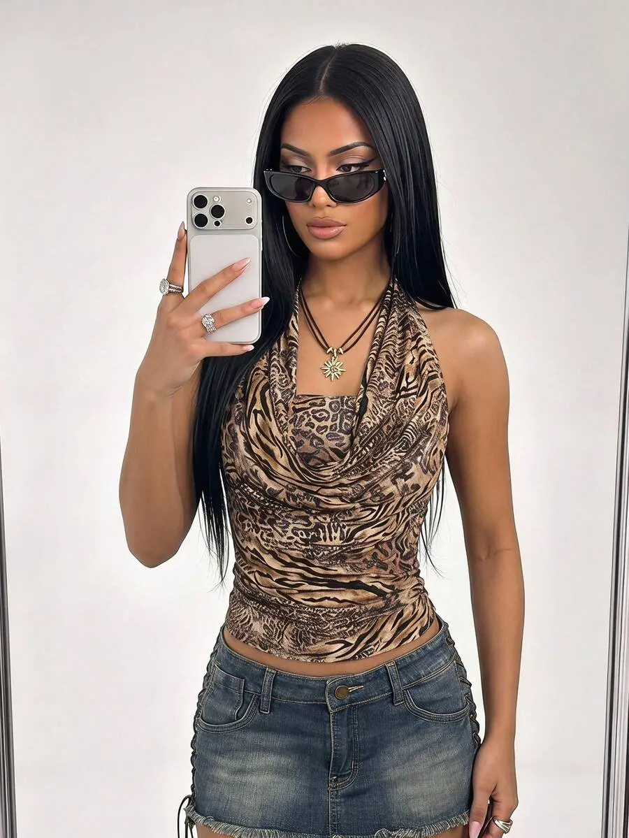 2pcs Women Boho Brown Draped Country Concert Zebra And Leopard Print Bandeau Top And Strapless Camisole Set