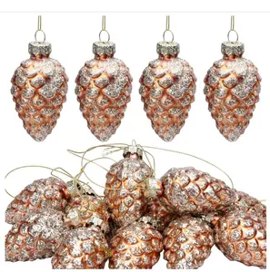 12 Pcs Christmas Pinecone Glass Ornaments- Fall Hanging Pine Cone Painted Glass Ornaments- Glitter Pinecone Christmas Ornament for Xmas Tree DIY Crafts Fall Thanksgiving Day Decoration